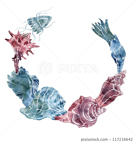 Watercolor and ink hand drawn marine life, sea ocean underwater creatures. fish, shells algae seaweed. Wreath frame illustration, stylized, isolated on white. For zoo shop, aquarium, cosmetics, resort 117216642
