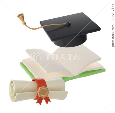 3D flying open Book, Diploma scroll and university or college black cap graduate Icon. Render Education or Business Literature. E-book, Encyclopedia, Textbook Illustration 3D flying open Book, Diploma scroll and university or college black cap graduate Icon. Render Education or Business Literature. E-book, Encyclopedia, Textbook Illustration 117217164