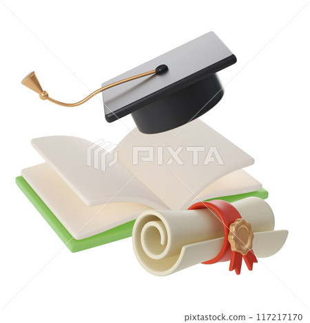 3D flying open Book, Diploma scroll and university or college black cap graduate Icon. Render Education or Business Literature. E-book, Encyclopedia, Textbook Illustration 3D flying open Book, Diploma scroll and university or college black cap graduate Icon. Render Education or Business Literature. E-book, Encyclopedia, Textbook Illustration 117217170