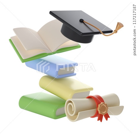 3D flying Books, Diploma scroll and university or college black cap graduate Icon. Render Education or Business Literature. E-book, Encyclopedia, Textbook Illustration 3D flying Books, Diploma scroll and university or college black cap graduate Icon. Render Education or Business Literature. E-book, Encyclopedia, Textbook Illustration 117217187