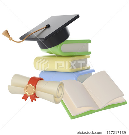 3D Stack of Books, Diploma scroll and university or college black cap graduate Icon. Render Education or Business Literature. E-book, Encyclopedia, Textbook Illustration 117217189