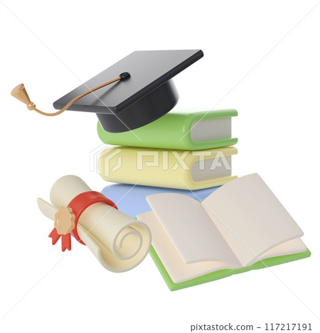 3D Stack of Books, Diploma scroll and university or college black cap graduate Icon. Render Education or Business Literature. E-book, Encyclopedia, Textbook Illustration 3D Stack of Books, Diploma scroll and university or college black cap graduate Icon. Render Education or Business Literature. E-book, Encyclopedia, Textbook Illustration 117217191
