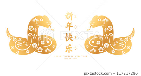 Happy Chinese New Year 2025 of the Snake. Beautiful Asian style paper cut in gold color. Vector illustration 117217280