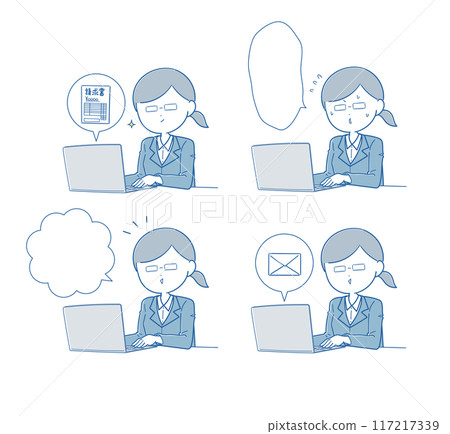 一組戴著眼鏡在電腦上工作的女員工（藍色） 117217339