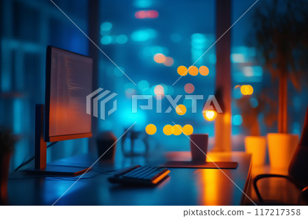 夜間辦公室 AI 生成影像的模糊背景 夜間辦公室 AI 生成影像的模糊背景 117217358