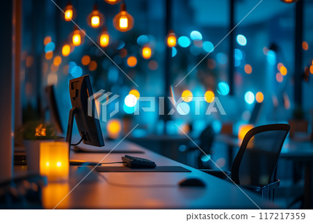 夜間辦公室 AI 生成影像的模糊背景 117217359