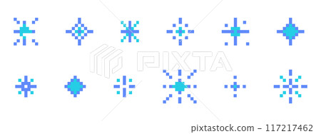 Pixel snowflake or star retro 8 bit sparkle set. Shiny winter game pixel art effect set. Firework burst, ice, space decoration. 90s aesthetics, y2k Pixel snowflake or star retro 8 bit sparkle set. Shiny winter game pixel art effect set. Firework burst, ice, space decoration. 90s aesthetics, y2k 117217462