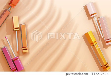 3d lip gloss, color liquid lipstick tube render top view. Makeup cosmetics beauty product mockup banner on pastel beige background with palm leaf shadow. Premium promo poster template. 3D illustration 117217508