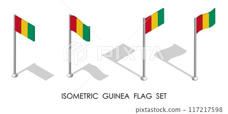 Isometric Guinea flag in static position and in motion on flagpole. Guinea map pin mark. 3d vector isolated on white background Isometric Guinea flag in static position and in motion on flagpole. Guinea map pin mark. 3d vector isolated on white background 117217598