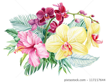 Bouquet tropical flowers. Watercolor hibiscus, orchid flower, leaves. Paradise exotic floral painting, tropical card Bouquet tropical flowers. Watercolor hibiscus, orchid flower, leaves. Paradise exotic floral painting, tropical card 117217644