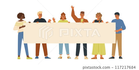 Crowd of multiracial diverse young people holding placard together 117217684