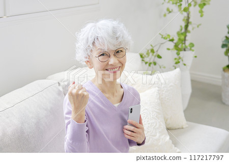 老年婦女拿著智慧型手機，在客廳揮舞拳頭 117217797
