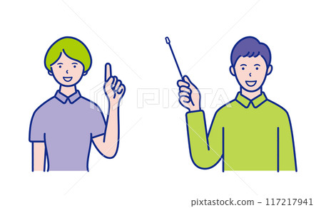 Upper body illustration of a woman pointing and a man holding a pointer [set] 117217941
