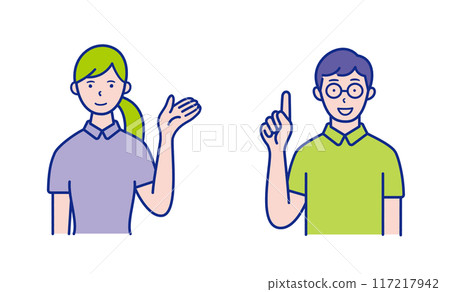 Upper body illustration of a woman raising her hand to guide and a man pointing [set] 117217942