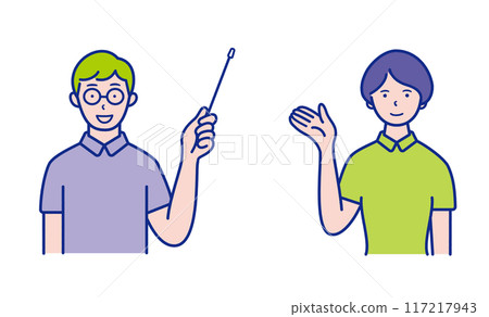 Upper body illustration of a man holding a pointer and a woman raising her hand to guide [set] 117217943