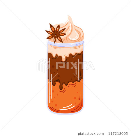 Spiced pumpkin coffee in a glass, topped with whipped cream and a star anise. Festive, autumn and cozy beverage in cartoon style. Vector illustration isolated on a white background. Spiced pumpkin coffee in a glass, topped with whipped cream and a star anise. Festive, autumn and cozy beverage in cartoon style. Vector illustration isolated on a white background. 117218005