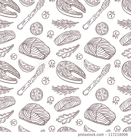 Seamless pattern with Salmon steak and ingredients in line art style. Tomato, slices of lemon, rosemary, arugula, asparagus. Red fish and vegetables design for menu, wallpaper, textile, wrapping. Seamless pattern with Salmon steak and ingredients in line art style. Tomato, slices of lemon, rosemary, arugula, asparagus. Red fish and vegetables design for menu, wallpaper, textile, wrapping. 117218006