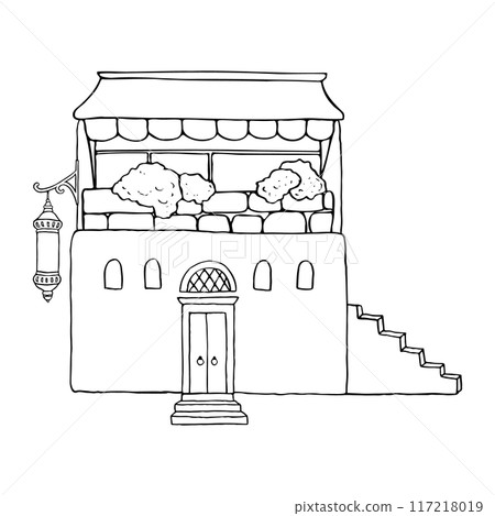 Mediterranean house with canopy balcony and wall lantern black and white flat vector illustration. South Europe traditional architecture from old city. Arabian Marrakesh monochrome sketch 117218019