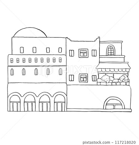 Traditional multistory Arabic architecture with old stone houses on middle east street black and white vector illustration. Islamic city scene with dome and balcony. Moroccan or Saudi Arabia cityscape 117218020