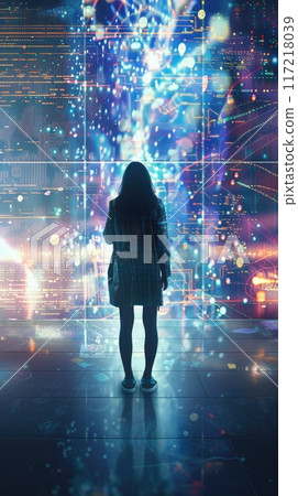 Modern businesswoman with AI insights on digital display. AI insights 117218039
