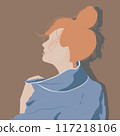 A woman with vibrant red hair is dressed in a stylish blue jacket 117218106