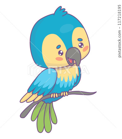 Cute Ara parrot on branch. Funny cartoon kawaii yellow blue bird. Vector illustration. Kids collection. 117218195