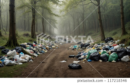 Garbage in meadow. Rubbish, trash left after picnic. People illegally throw garbage into forest. Illegal garbage dump in nature. Dirty environment garbage polluting near footpath in forest. Garbage in meadow. Rubbish, trash left after picnic. People illegally throw garbage into forest. Illegal garbage dump in nature. Dirty environment garbage polluting near footpath in forest. 117218346