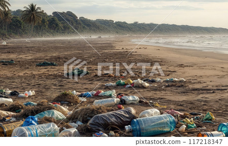 Bunkers, garbage, plastic cups and plastic bags on the beach. the concept of environmental problem and healing the world Bunkers, garbage, plastic cups and plastic bags on the beach. the concept of environmental problem and healing the world 117218347