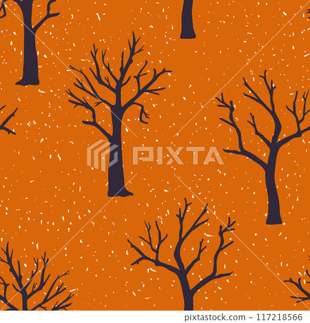 Spooky trees vector seamless pattern. Hand drawn bare dead creepy tree dark silhouettes on textured orange background for Halloween designs. Old haunted forest repeat tile illustration Spooky trees vector seamless pattern. Hand drawn bare dead creepy tree dark silhouettes on textured orange background for Halloween designs. Old haunted forest repeat tile illustration 117218566