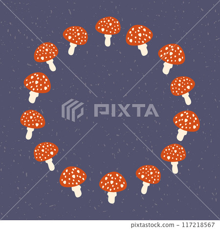Fly agaric wreath vector illustration. Cute poisonous inedible red mushrooms with white dots. Whimsical autumn round frame. Cartoon toadstool fungus on dark background for seasonal Halloween design Fly agaric wreath vector illustration. Cute poisonous inedible red mushrooms with white dots. Whimsical autumn round frame. Cartoon toadstool fungus on dark background for seasonal Halloween design 117218567