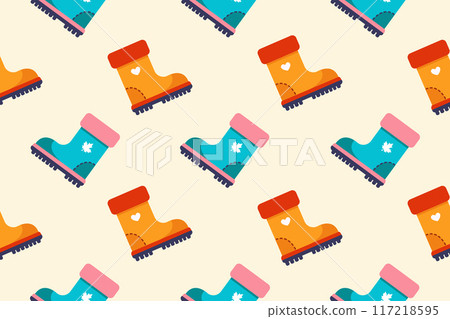 Autumn pattern with multicolored boots. Vector illustration 117218595