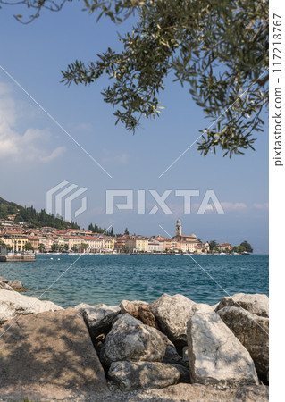 Vertical view of Salo on Lake Garda framed by an olive tree and rocks along the waterfront 117218767