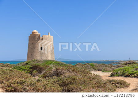 Torre de ses Portes on Ibiza, ancient coastal tower, stands against turquoise sea, lush vegetation 117218796