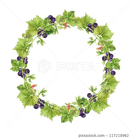 Round wreath frame with green and red grapes and leaves. Watercolor hand drawn illustration perfect for cards, invitations and other designs Round wreath frame with green and red grapes and leaves. Watercolor hand drawn illustration perfect for cards, invitations and other designs 117218962