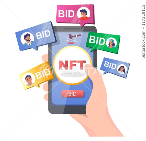 Online nft auction starting on mobile phone vector illustration Online nft auction starting on mobile phone vector illustration 117219115