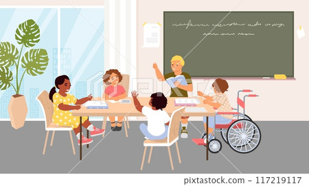 Kids group learning class at library or school classroom 117219117