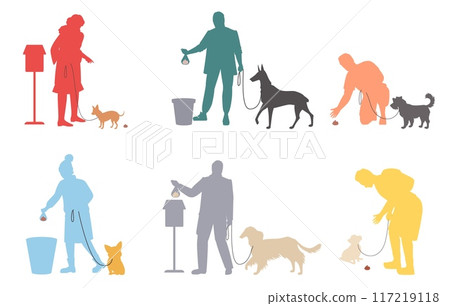 Colorful silhouette of people walking dog cleaning up poop 117219118