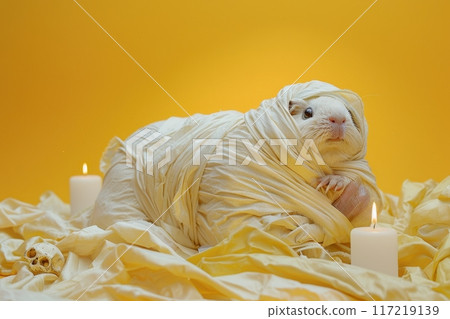 A white guinea pig is wrapped in a sheet and laying on a yellow background with Generative AI 117219139