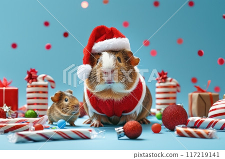A small brown and white guinea pig is wearing a red and white Santa hat with Generative AI 117219141