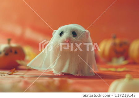 A white hamster is wearing a ghost costume with Generative AI 117219142