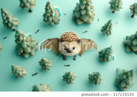 A bat-like creature with a small head stands on a branch with orange flowers with Generative AI 117219150