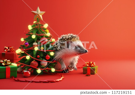 A hedgehog is sitting on top of a Christmas tree with Generative AI 117219151