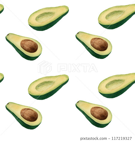 Seamless pattern with green avocado. Hand drawn watercolor illustration on white background for print, wrapper, textile, fabric, packaging Seamless pattern with green avocado. Hand drawn watercolor illustration on white background for print, wrapper, textile, fabric, packaging 117219327