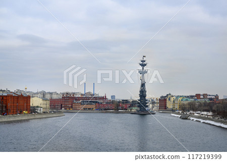 Moskva River, the monument to Peter the Great and the pipes of the factory Moskva River, the monument to Peter the Great and the pipes of the factory 117219399