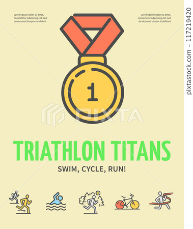 Marathon Triathlon Titans Concept Vertical Invitation Placard Poster Banner Card Template. Vector Marathon Triathlon Titans Concept Vertical Invitation Placard Poster Banner Card Template. Vector 117219420