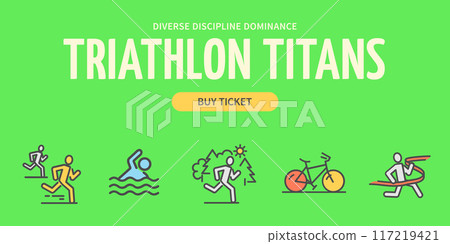 Marathon Triathlon Titans Concept Horizontal Invitation Placard Poster Banner Card Template. Vector Marathon Triathlon Titans Concept Horizontal Invitation Placard Poster Banner Card Template. Vector 117219421