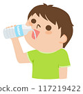 一個年輕人在不接觸塑膠瓶的情況下喝礦泉水的插圖。 117219422