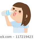 一名年輕女子在不接觸塑膠瓶的情況下飲用礦泉水的插圖。 117219423