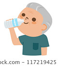 一位老人用嘴巴喝礦泉水的插圖，嘴裡附著一個塑膠瓶。 117219425
