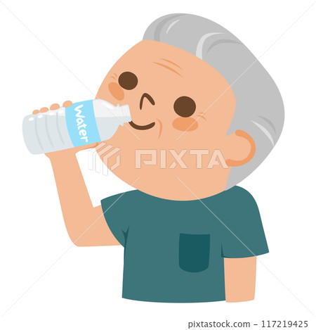Illustration of an elderly man drinking mineral water from a plastic bottle. Illustration of an elderly man drinking mineral water from a plastic bottle. 117219425